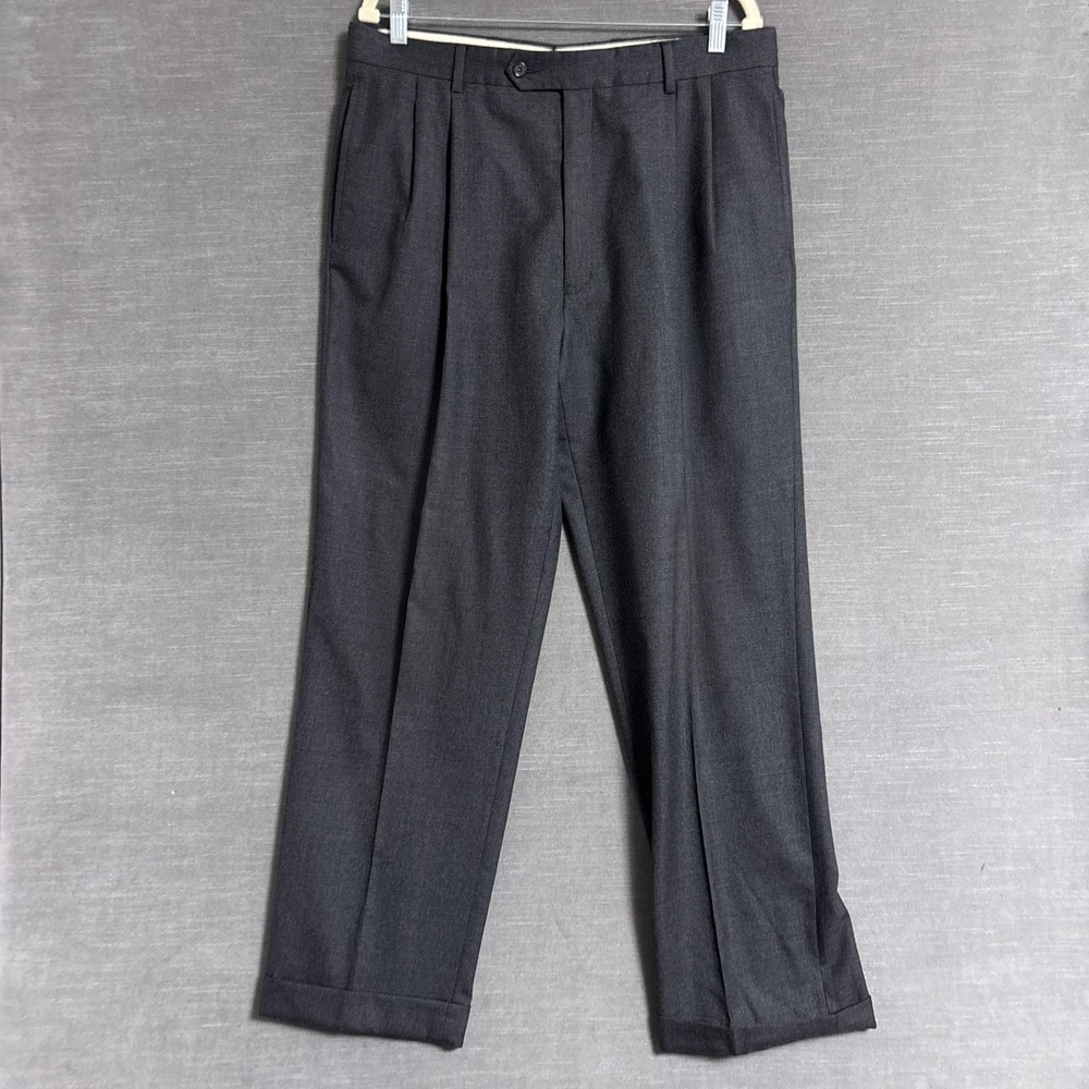 Jos A Bank Pants 35x30 Charcoal Gray Pleated Cuffed Trousers Business Dress Work